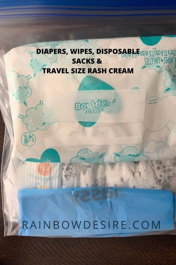 Pack diapers, disposable bags, and wipes in a ziplock bag. 