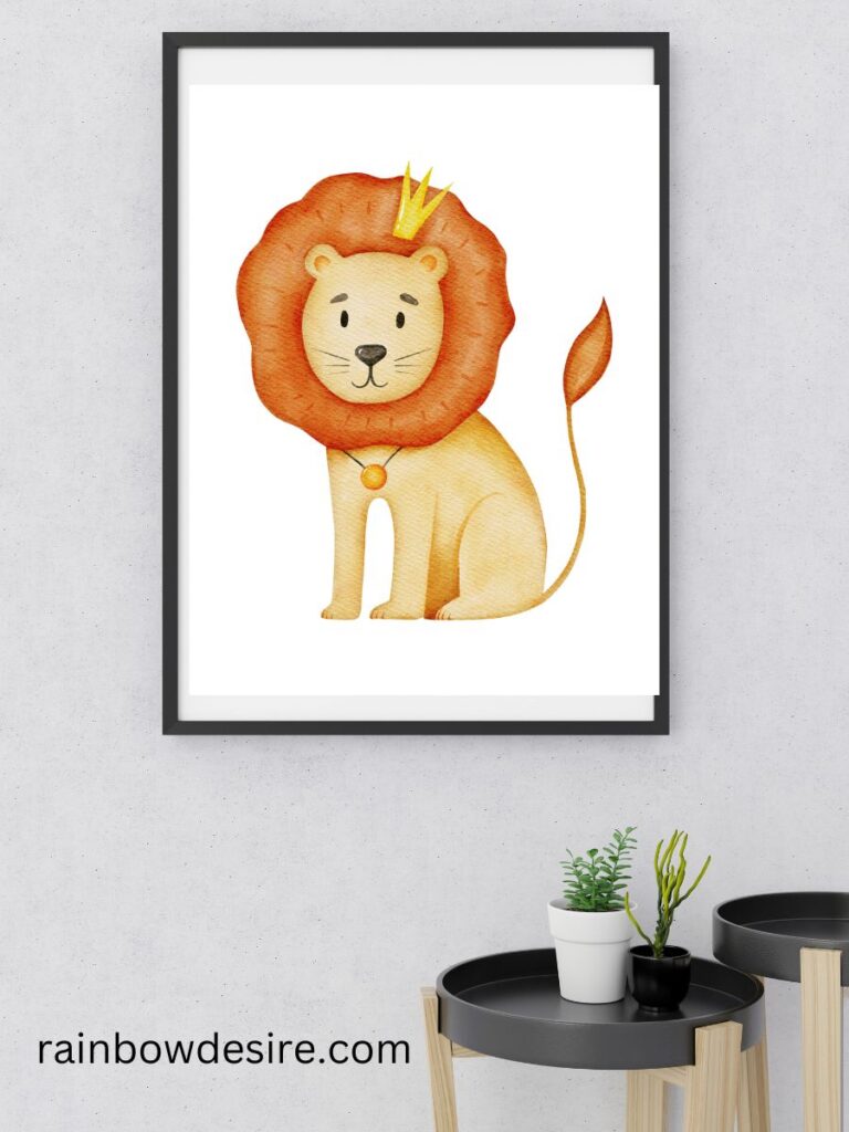 Yellow and brown lion water color free nursery animal print for baby or kids room wall art 