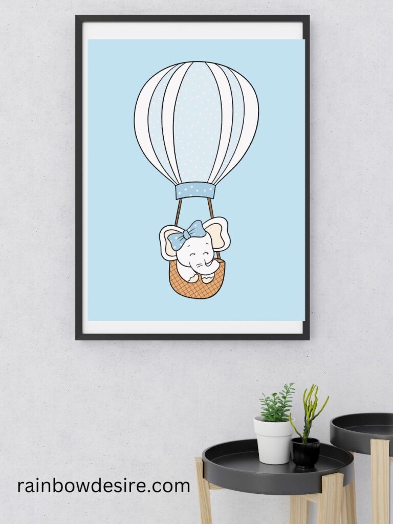 Light blue elephant in a hot air balloon  free nursery animal print for baby or kids room wall art 