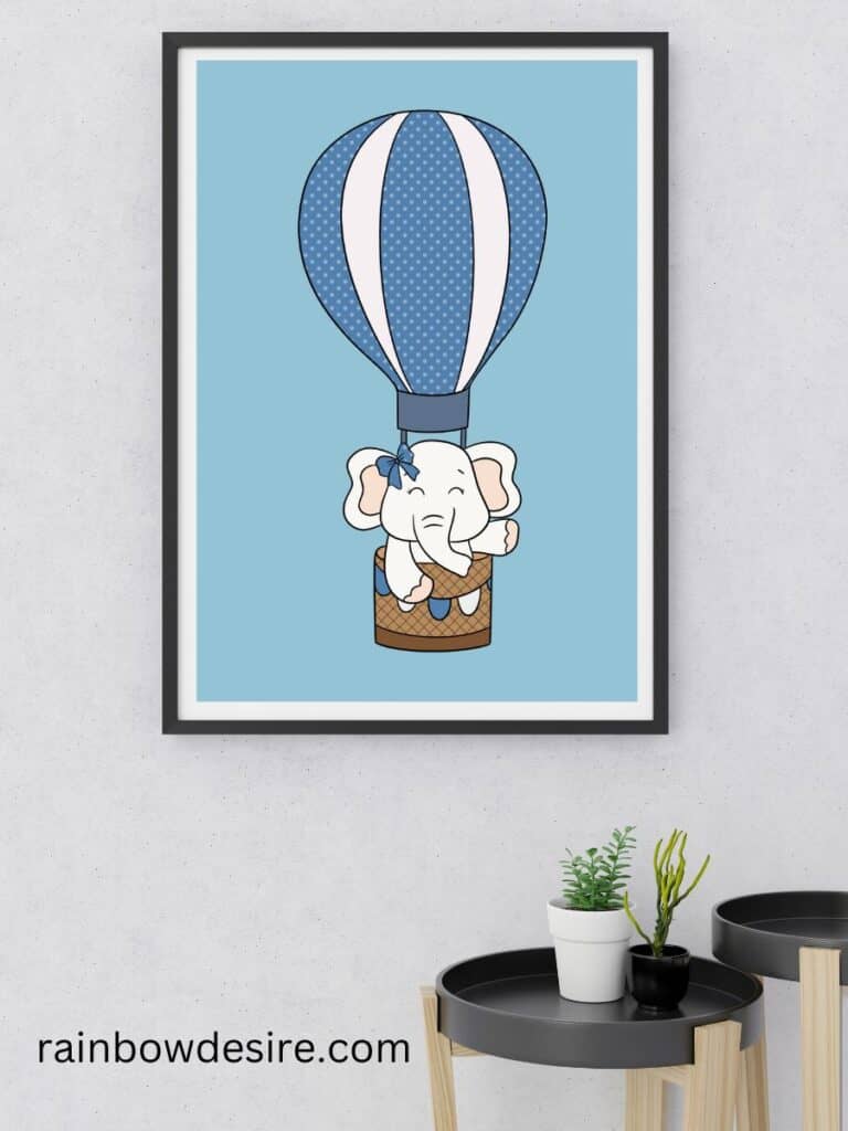 dark blue hot air balloon with white elephant  free nursery animal print for baby or kids room wall art 