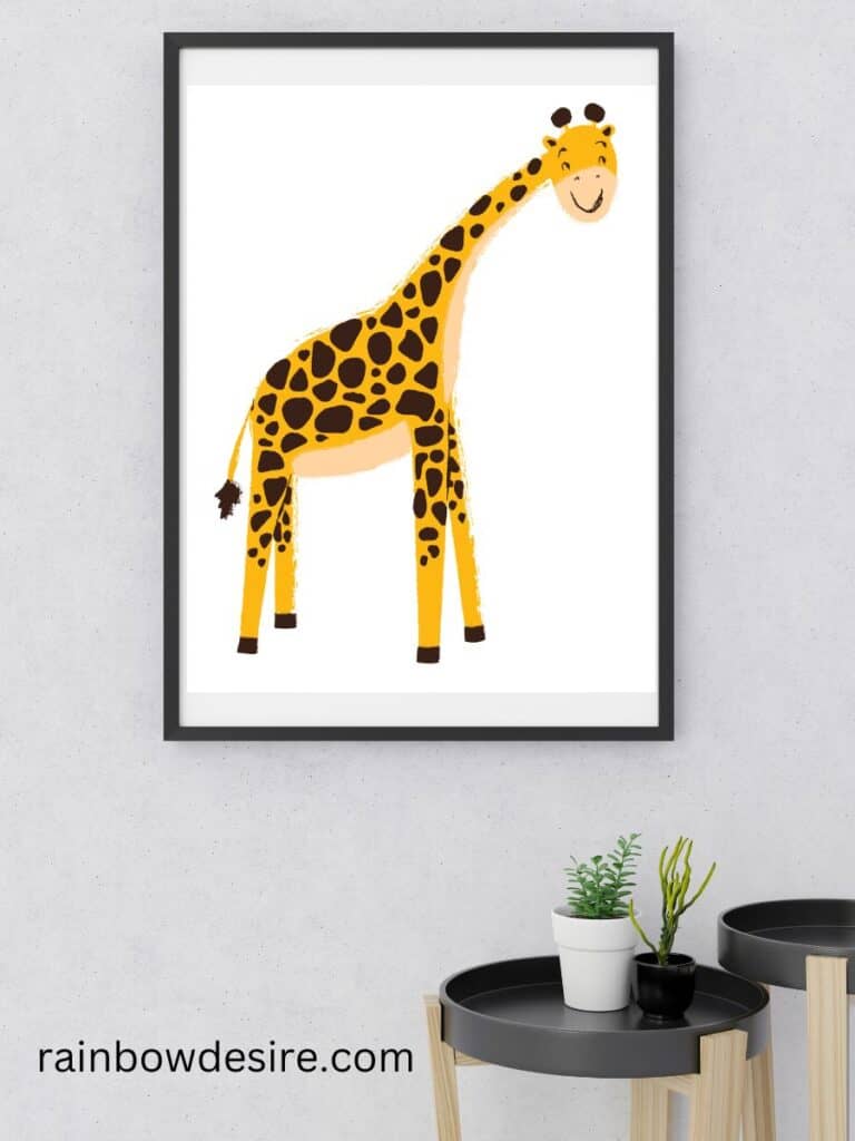 Cute yellow giraffe  free nursery animal print for baby or kids room wall art 